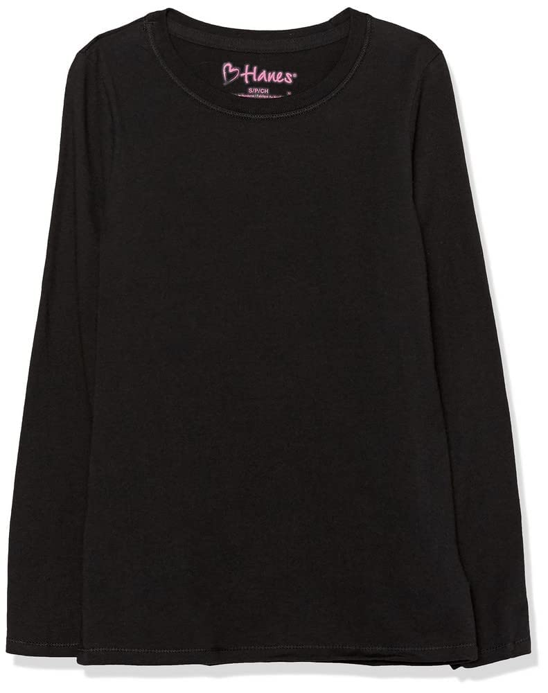 Hanes Girls Long-Sleeve Crewneck T-Shirt, XS, Black