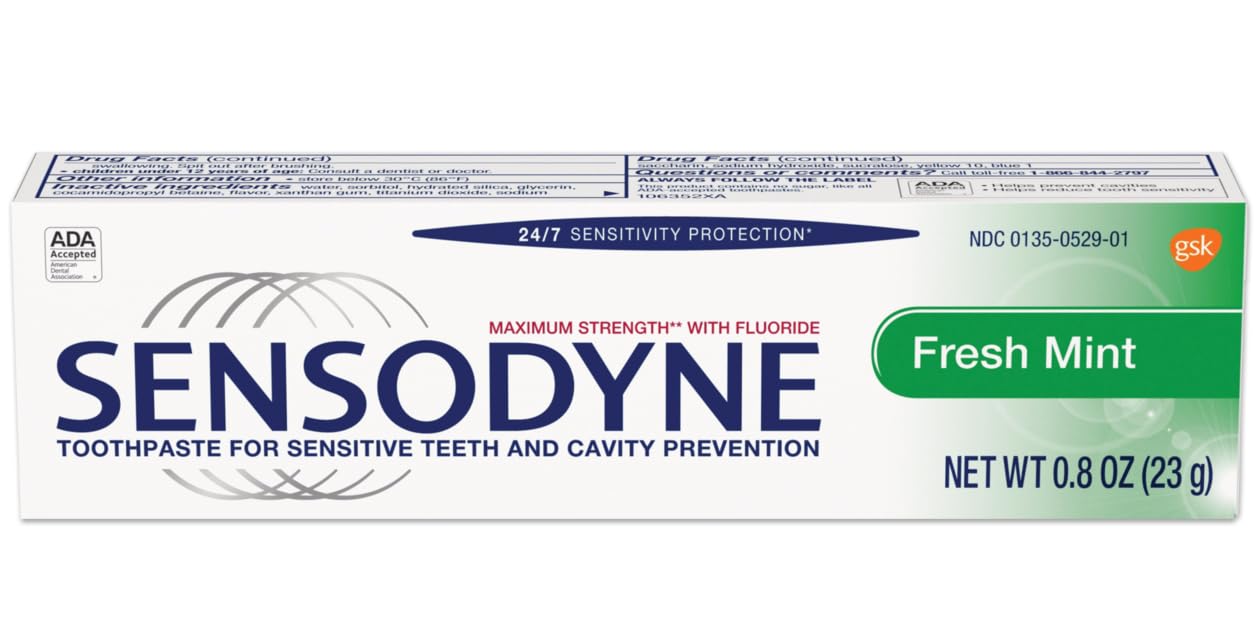 Sensodyne Fresh Mint Sensitive Toothpaste, ADA Accepted Toothpaste for Cavity Prevention and Sensitive Teeth Treatment, Travel Size - 0.8 Ounces (Pack of 4)
