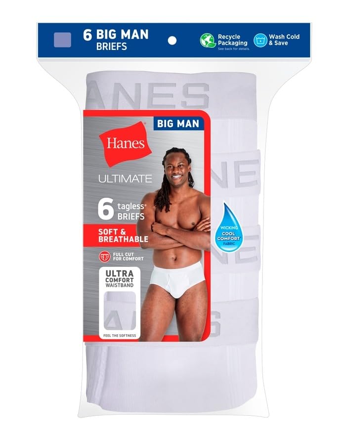 Hanes Mens Ultimate Big Cotton Briefs Underwear 6-Pack, 4XB, White
