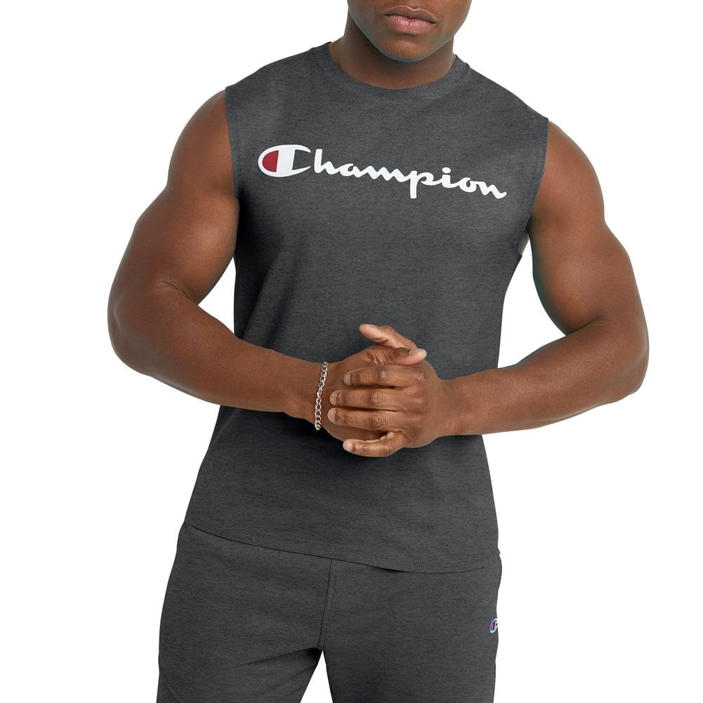 Champion Mens Muscle Tank, Classic Graphic Tee, Sleeveless T-shirt For (Reg. Or Big & Tall), Granite Heather Script, X-Large US