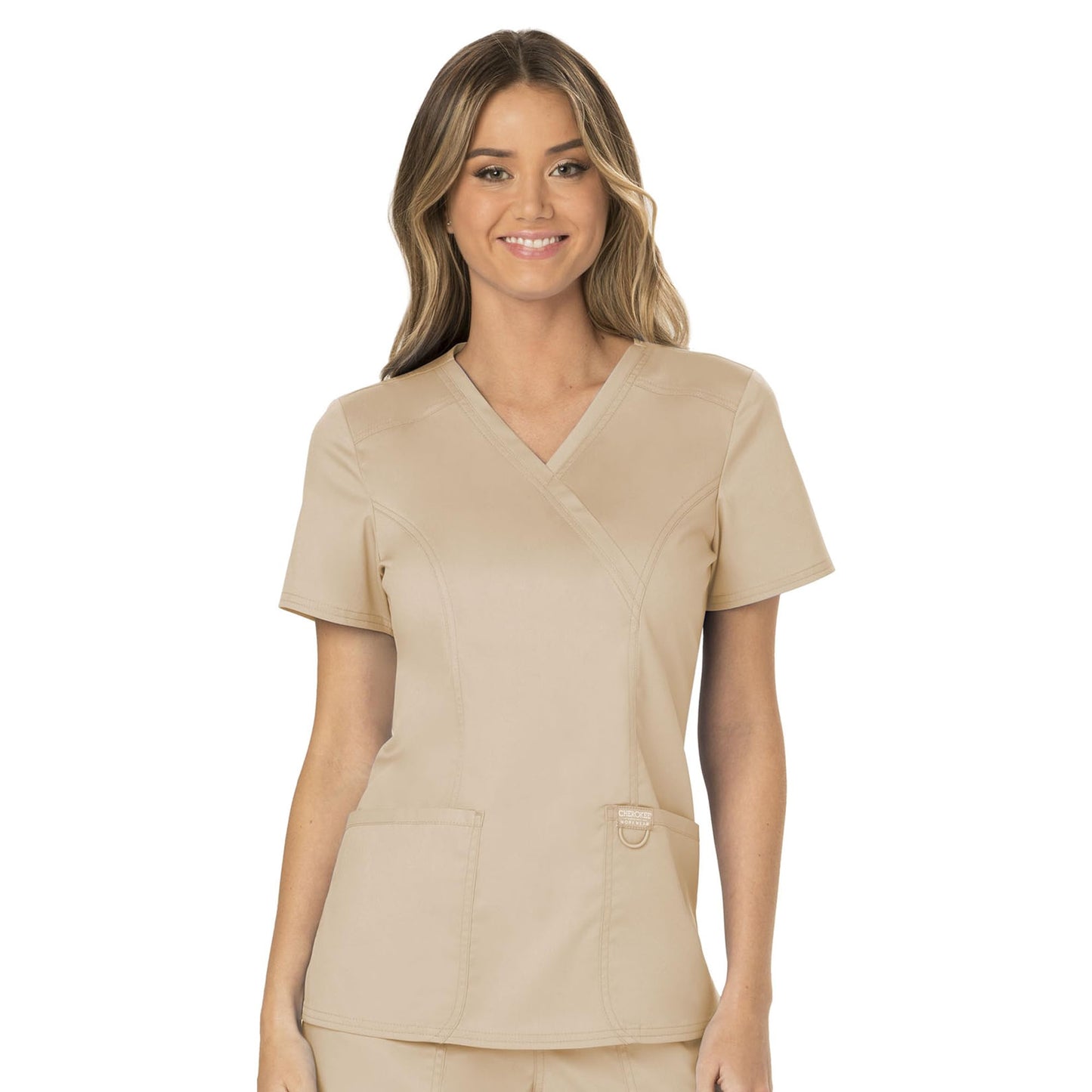 Cherokee Scrubs for Women Mock Wrap Top with 3 Pocket, Back Princess Seams WW610, XXS, White