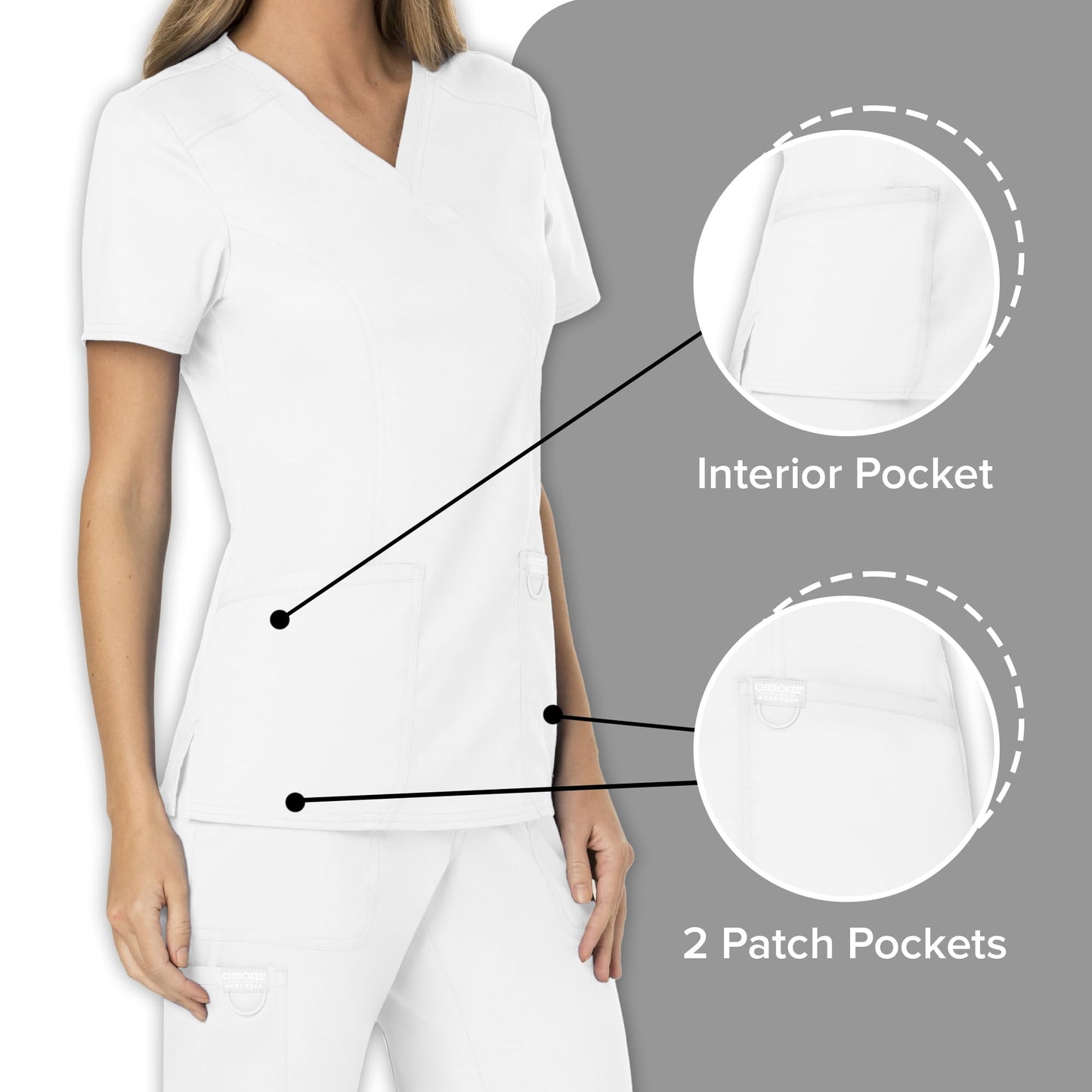 Cherokee Scrubs for Women Mock Wrap Top with 3 Pocket, Back Princess Seams WW610, XXS, White
