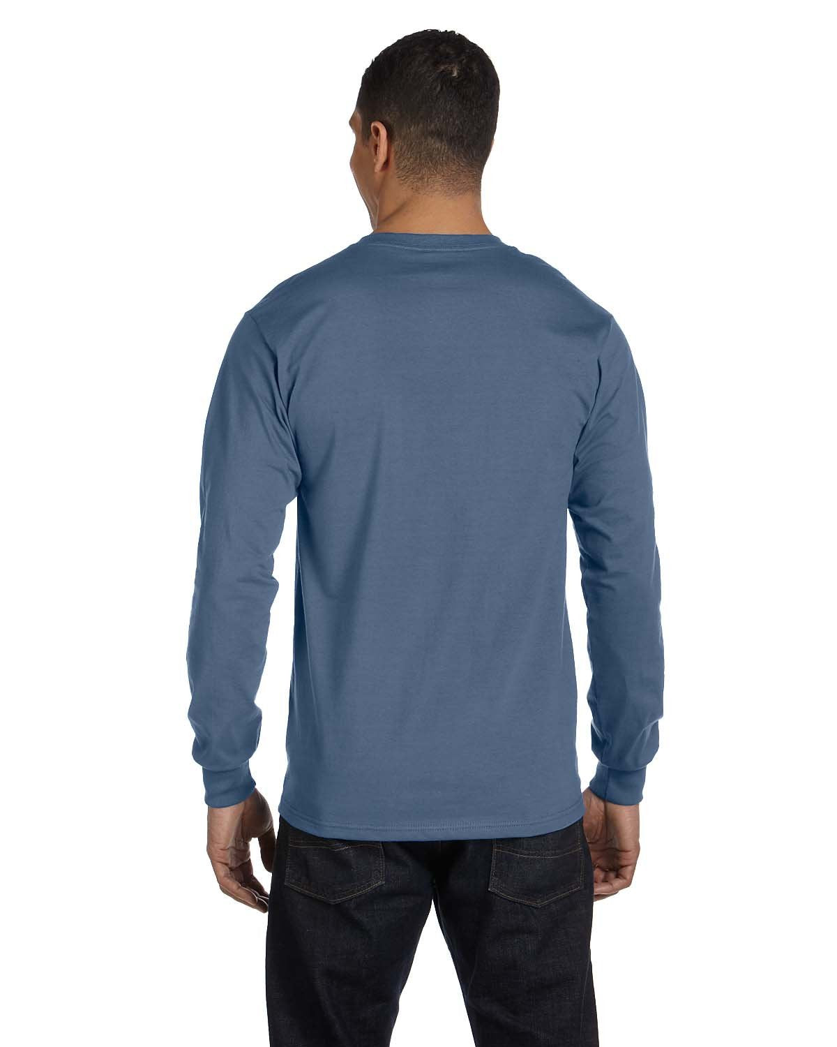 Hanes Long Sleeve Beefy-T T-Shirts (Large, Denim Blue)