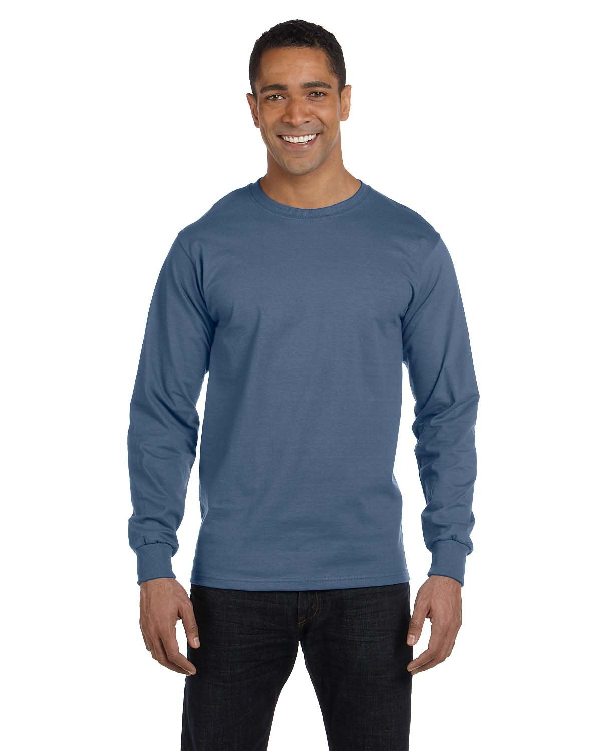 Hanes Long Sleeve Beefy-T T-Shirts (Large, Denim Blue)