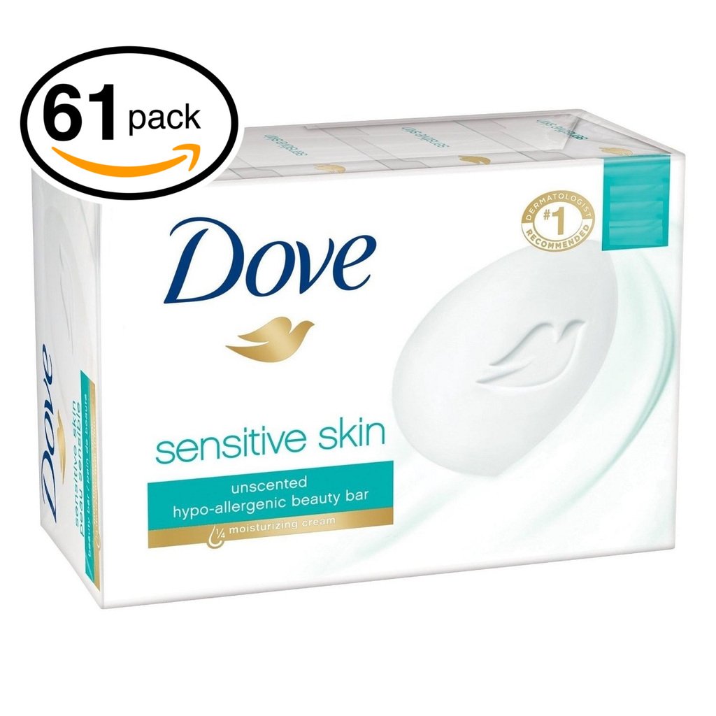 (PACK OF 61 BARS) Dove Unscented Beauty Soap Bar: SENSITIVE SKIN. Hypo-Allergenic & Fragrance Free. 25% MOISTURIZING LOTION & CREAM! Great for Hands, Face & Body! (61 Bars, 3.5oz Each Bar)