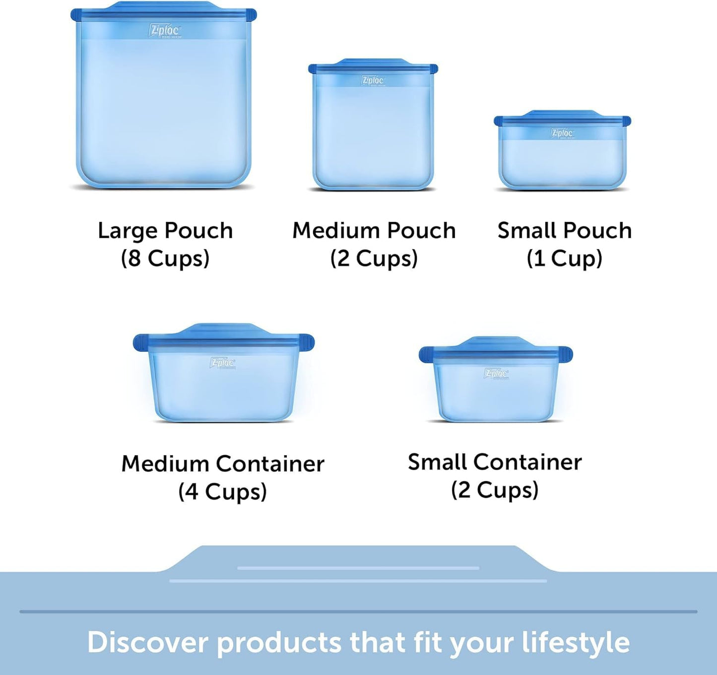 Ziploc Endurables Medium Pouch, 2 Cups, Reusable Silicone Bags and Food Storage Meal Prep Containers for Freezer, Oven, and Microwave, Dishwasher Safe