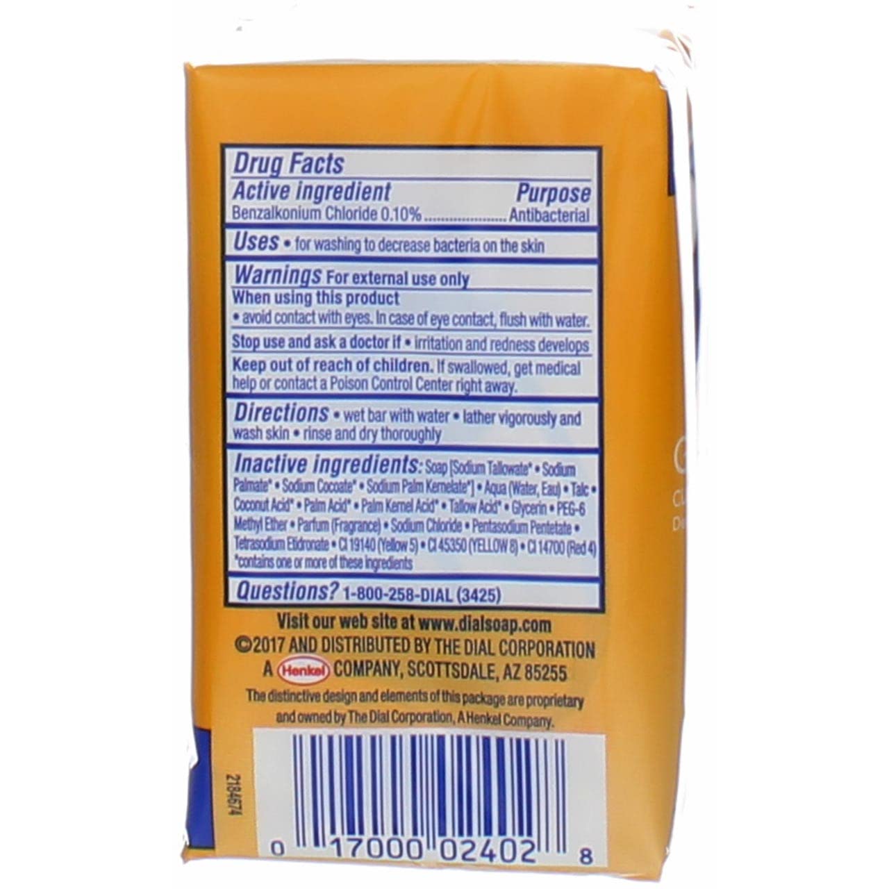 Dial Antibacterial Deodorant Soap Bar, Gold, 4 oz bars, 3 ea (Pack of 6)