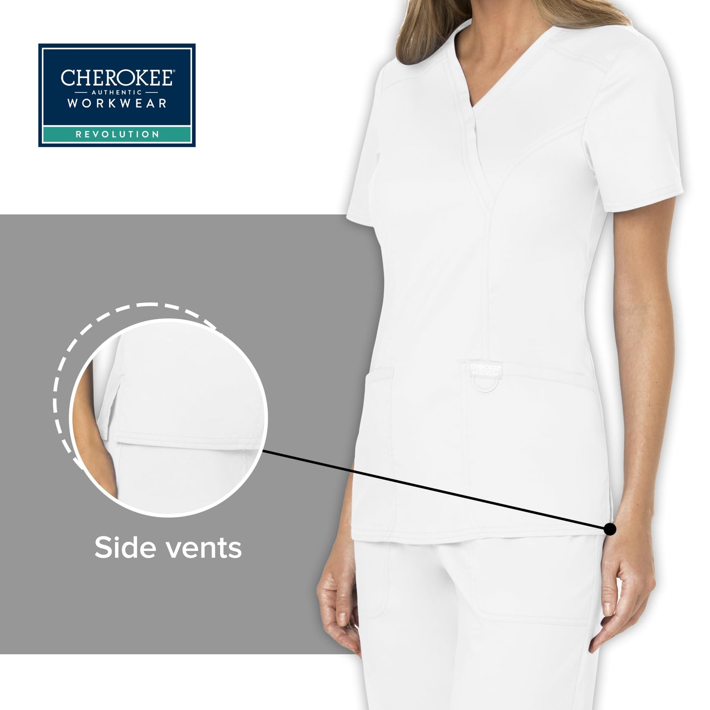 Cherokee Scrubs for Women Mock Wrap Top with 3 Pocket, Back Princess Seams WW610, XXS, White