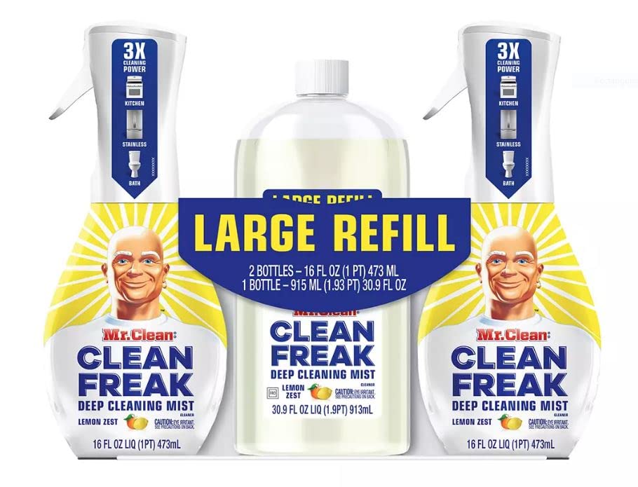 Mr. Clean Clean Freak Deep Cleaning Mist Cleaner, Lemon Zest Scent, 2 Count of 16 Ounce Spray Bottle Plus Large Refill Bottle 30 Fl Ounce, Total 3 Piece Set