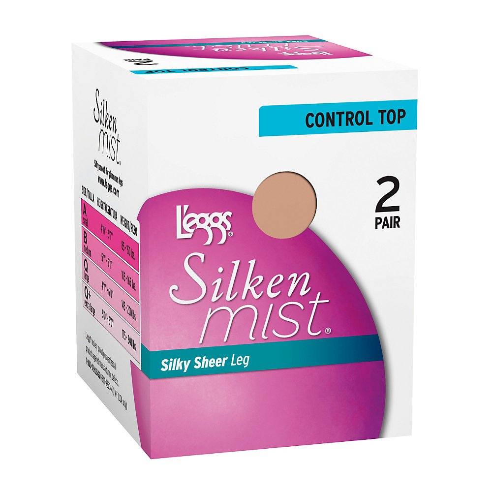 L'eggs Women's Silken Mist 2 Pair Control Top Silky Sheer Leg Panty Hose,Jet Black,Q Plus