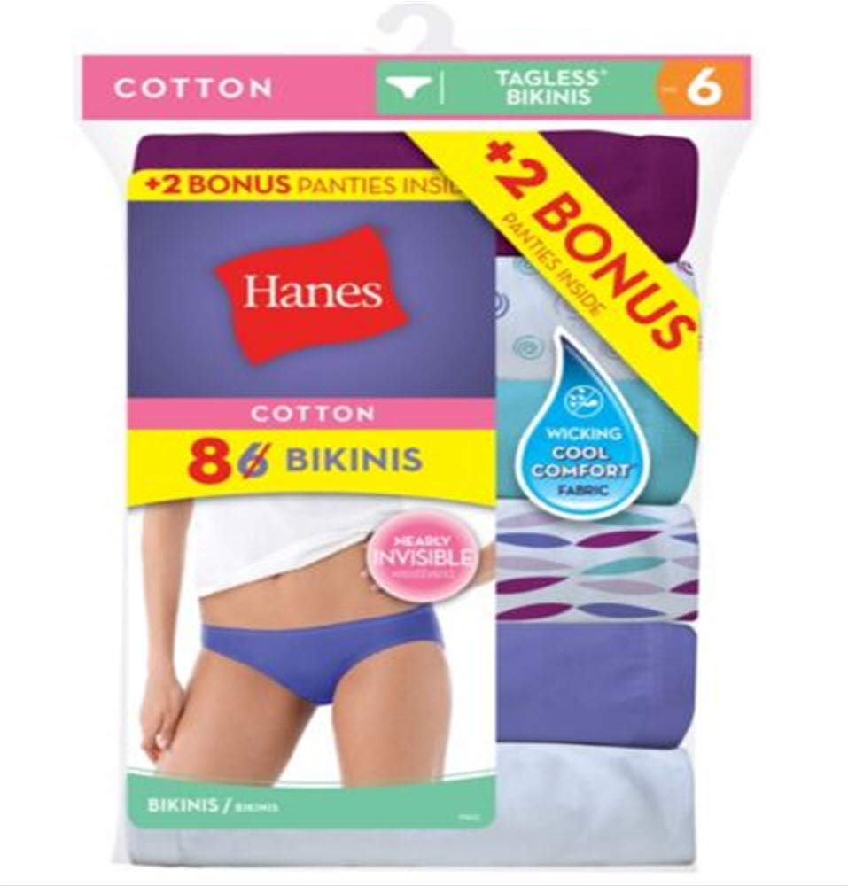 Hanes Women's 6Pack 100% Cotton Bikini Underwear Ladies Panties, Assorted 8