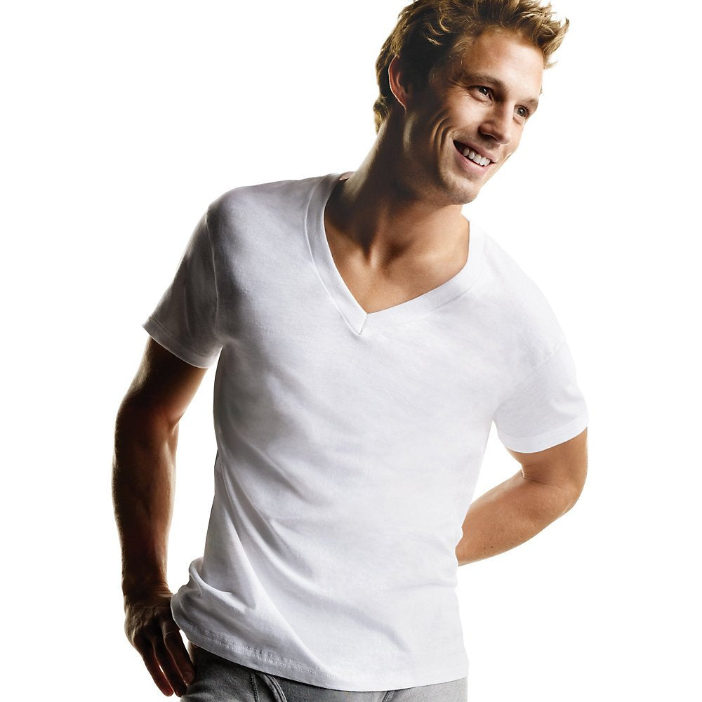 Hanes Mens Cotton, Moisture-wicking V-neck Tee Undershirts, Multiple Packs And Colors, White - 6 Pack, Small US