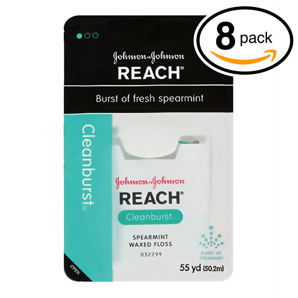 (PACK OF 8) Johnson & Johnson REACH Waxed Floss. BURST OF FRESH SPEARAMINT! Removes Up to 2x More Plaque than Glide Floss! (Pack of 8, 55 Yards Each)