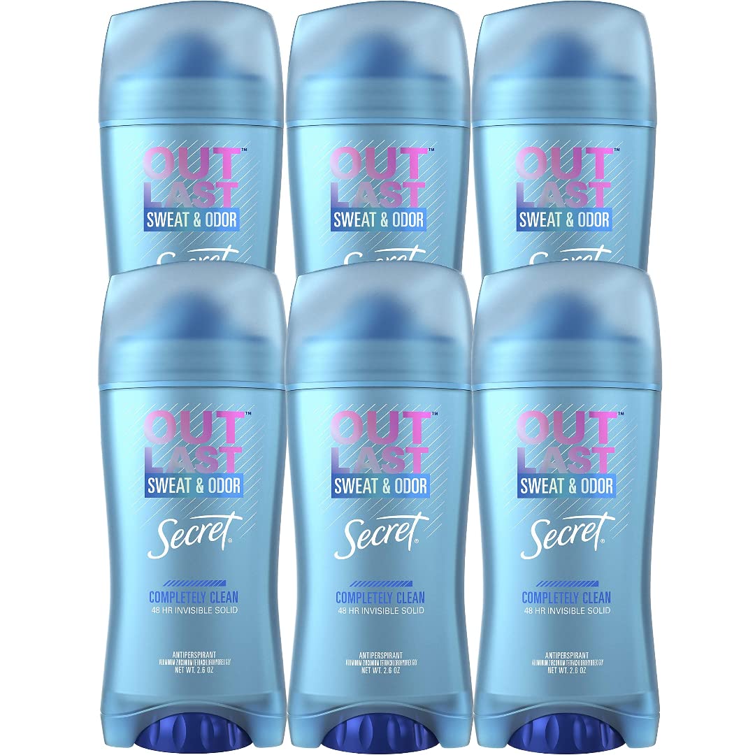Secret Outlast Antiperspirant Deodorant for Women, 72hr Sweat & Odor Protection, PH Balancing Minerals, Invisible Solid, Completely Clean Scent, 2.6 oz (Pack of 2)