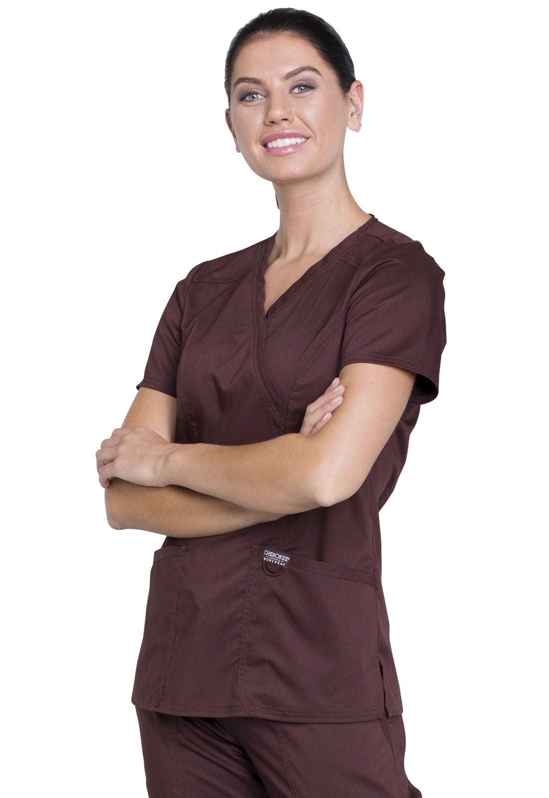 Cherokee Workwear Revolution Women's WW610 Mock Wrap Top-Espresso -Small