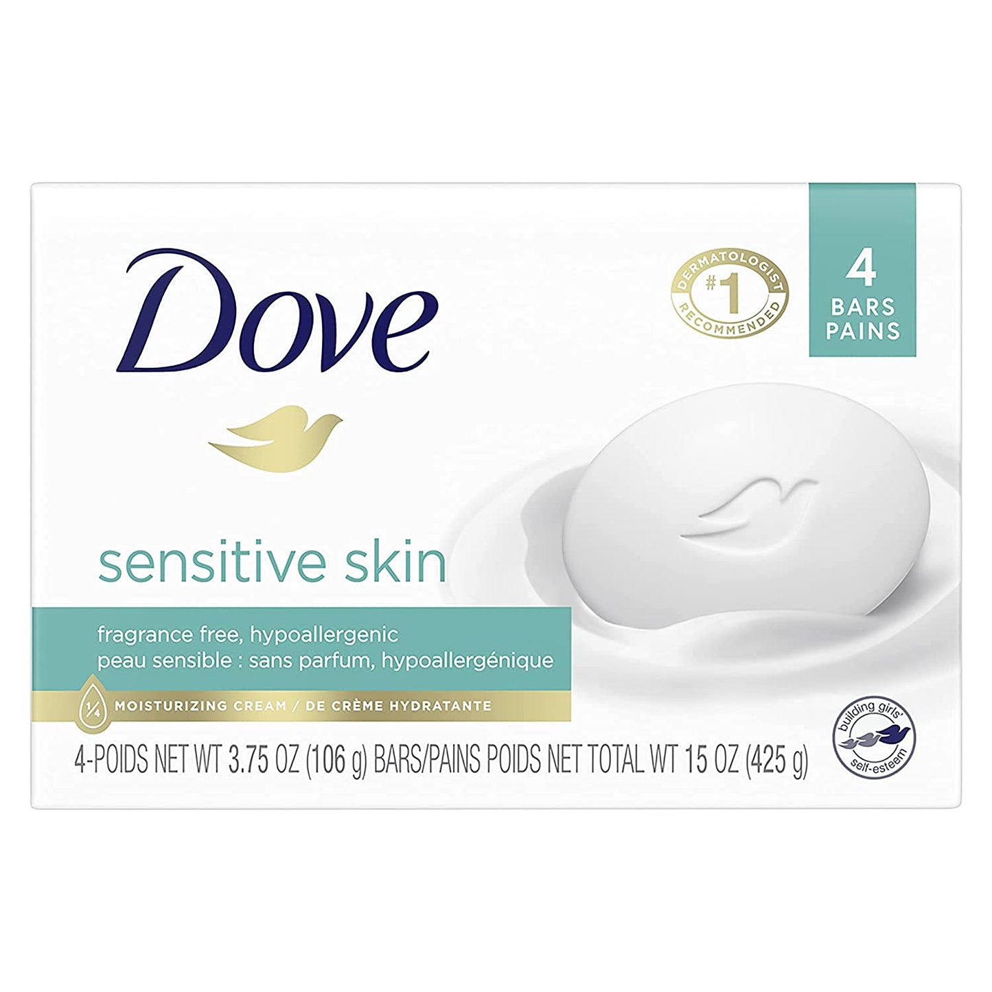 (PACK OF 4 BARS) Dove Unscented Beauty Soap Bar: SENSITIVE SKIN. Hypo-Allergenic & Fragrance Free. 25% MOISTURIZING LOTION & CREAM. Great for Hands, Face & Body (4 Bars, 3.5oz Each Bar)
