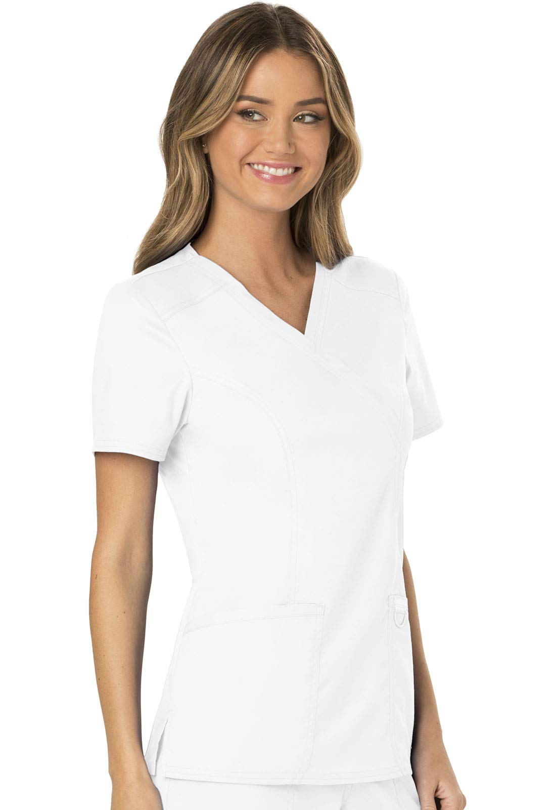 Cherokee Scrubs for Women Mock Wrap Top with 3 Pocket, Back Princess Seams WW610, XXS, White