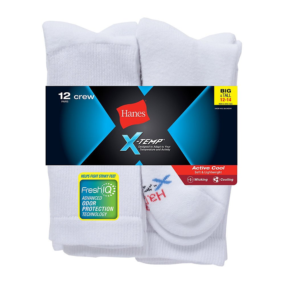 HANES Men's FreshIQ X-temp Crew 12-pack Socks, White, 12-14