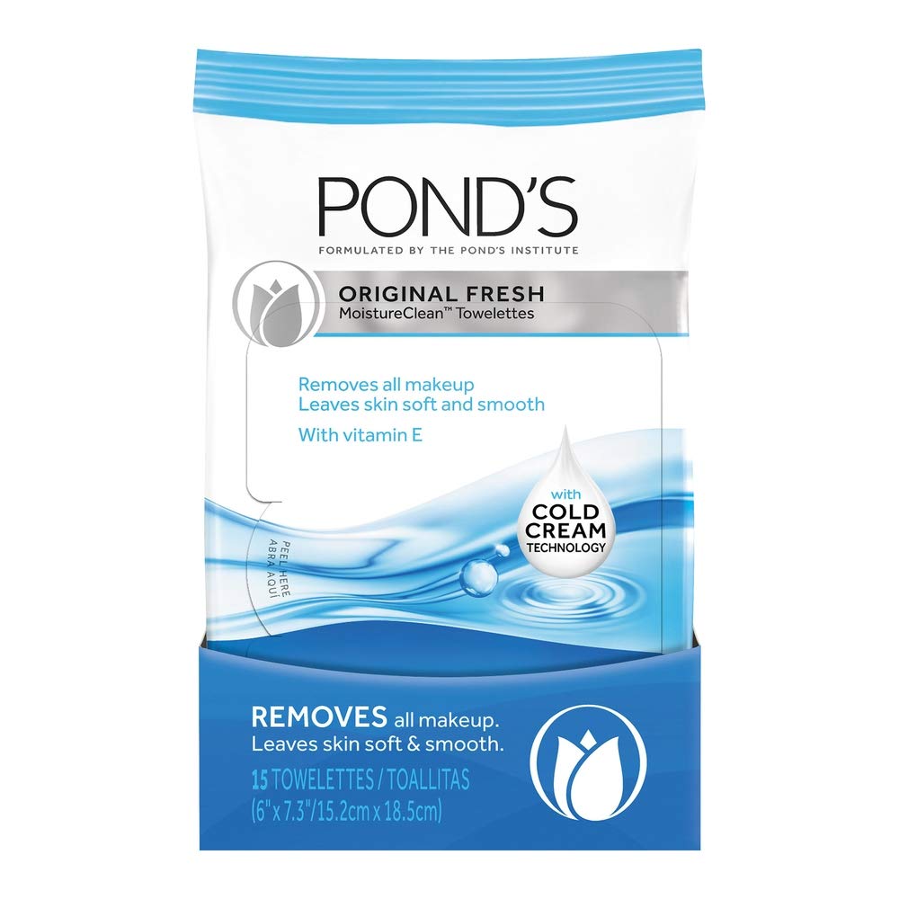 Pond's MoistureClean Towelettes, Original Fresh Makeup Remover Wipes with Vitamin E 15 ea (Pack of 5)