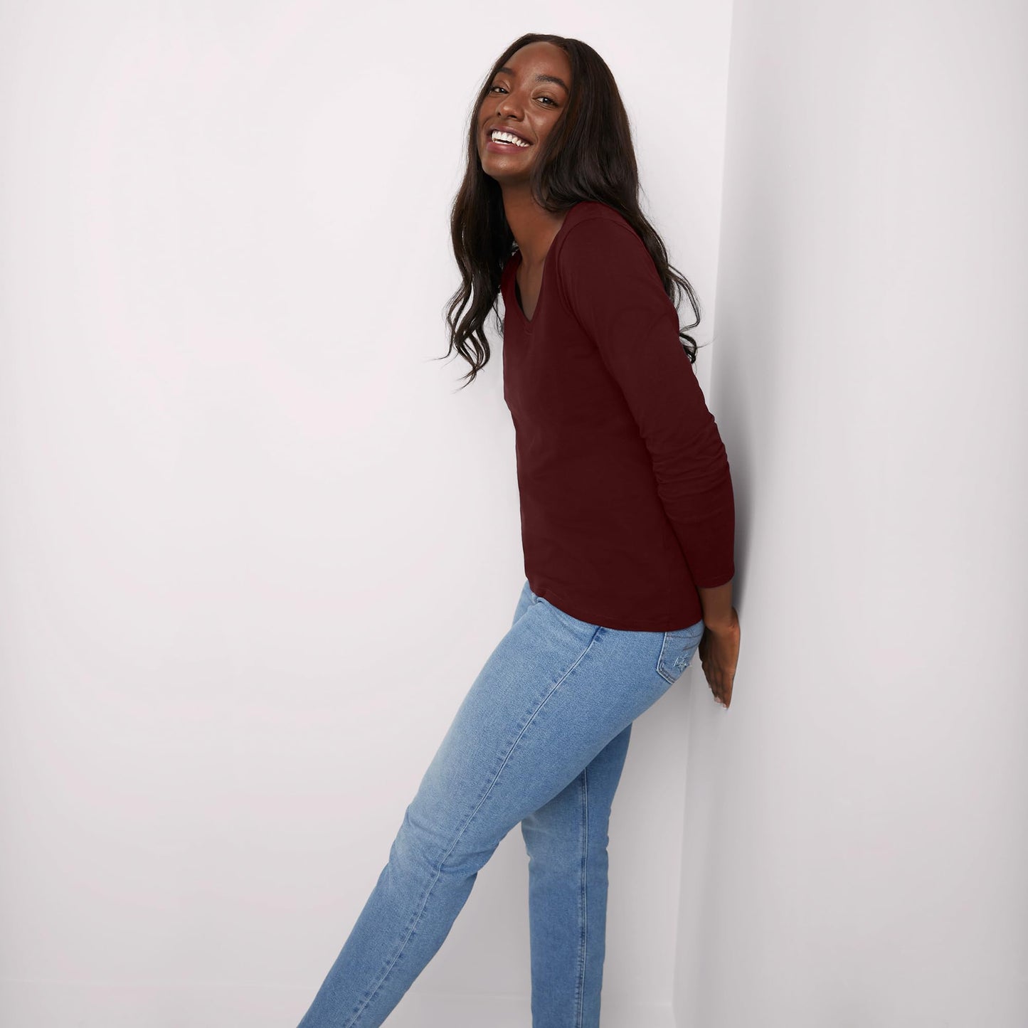 Hanes Comfortblend Women's Originals Long Sleeve Cotton T-Shirt, Lightweight V-Neck Tee, Modern Fit, Mulled Berry