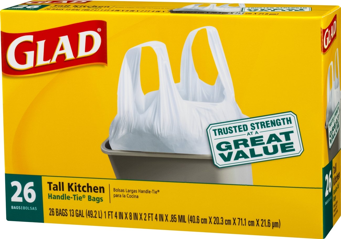 Glad Trash Bags, Tall Kitchen Handle-Tie Garbage Bags, White, 13 Gallon, 26 Count