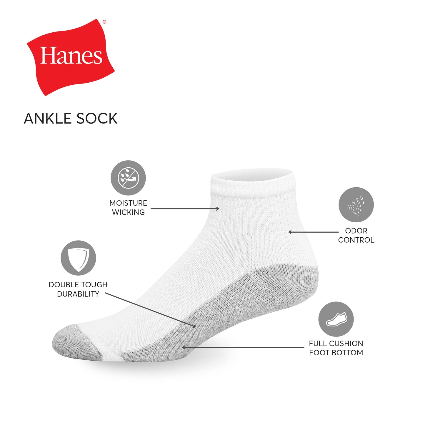 Hanes Big and Tall Ankle, 12-14-White, 6 Pairs
