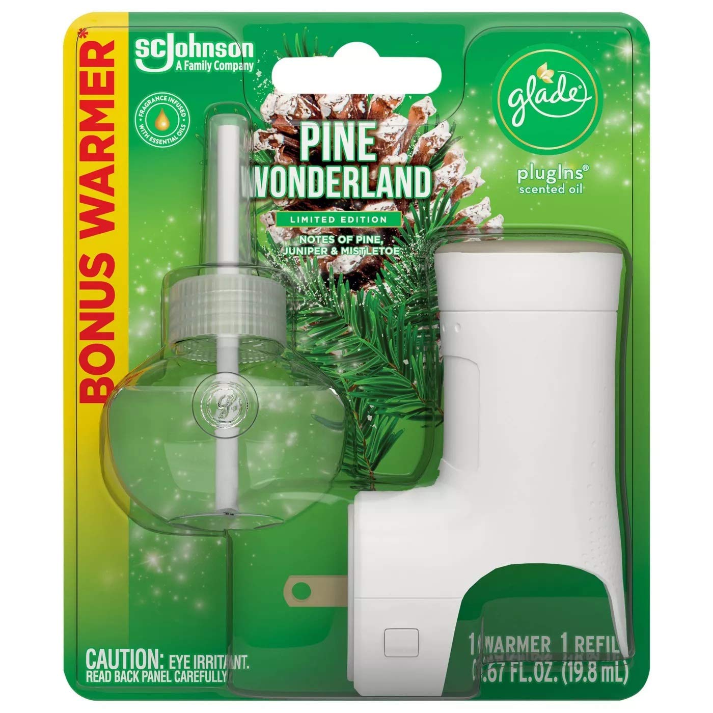 Glade Plugins Scented Oil Refill - Pine Wonderland - 1 Count Refill & 1 Count Oil Warmer Per Package - Pack of 2 Packages