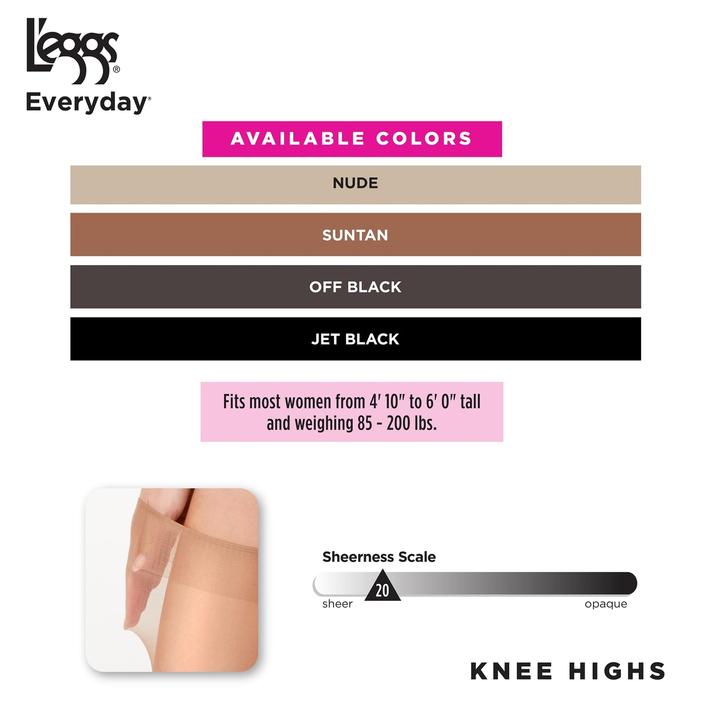 L'eggs Women's Everyday Knee-Highs, Sheer Toe, 100% Nylon, Off Black, One Size (Pack of 20)