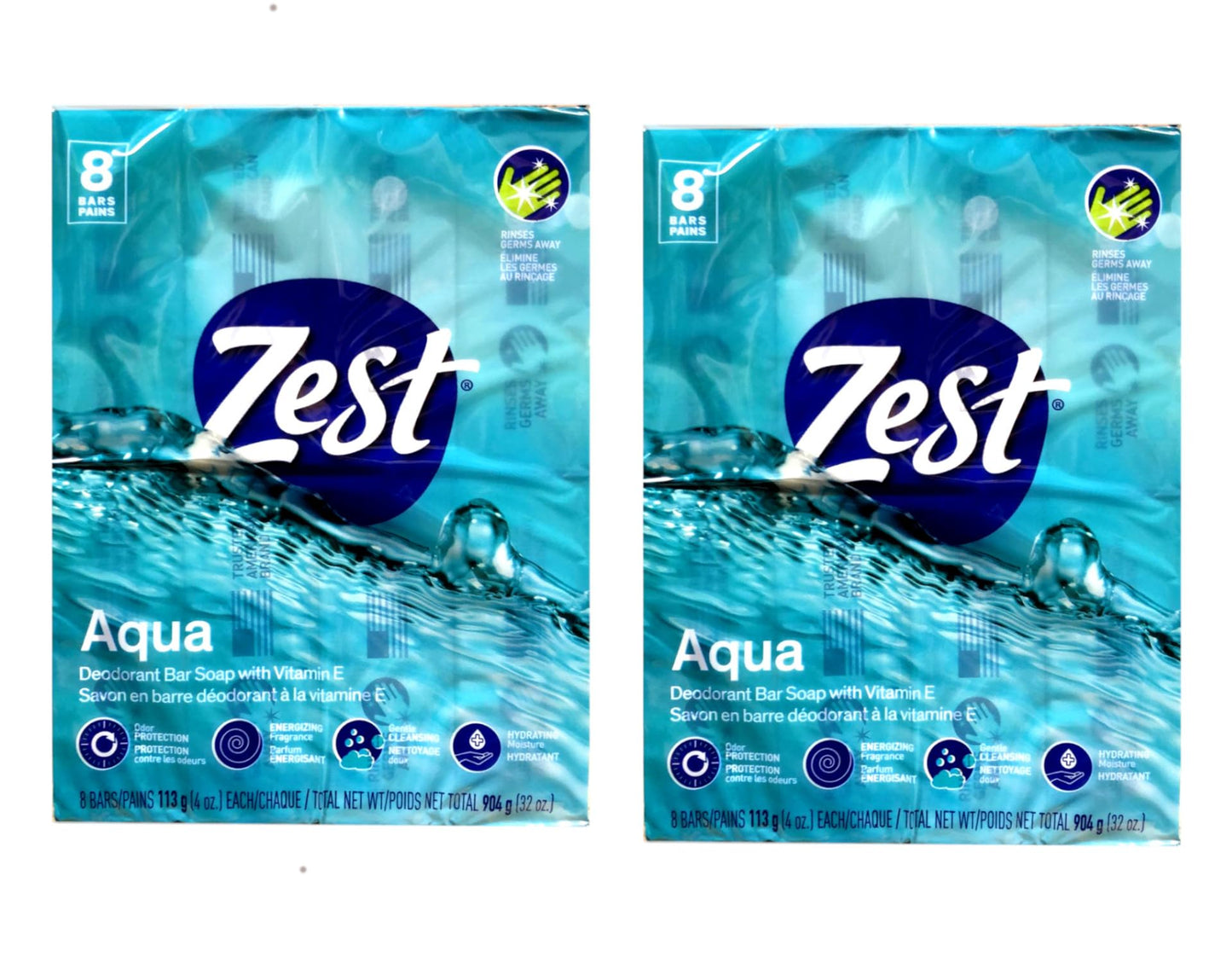 Zest Aqua Pure Cleansing Bar Soap 20% More Moisture 8 Count Pack of 2