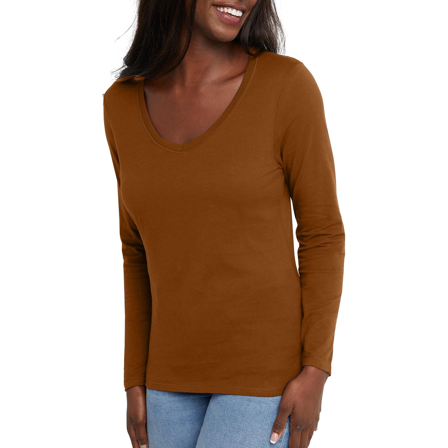 Hanes Comfortblend Women's Originals Long Sleeve Cotton T-Shirt, Lightweight V-Neck Tee, Modern Fit, Mulled Berry