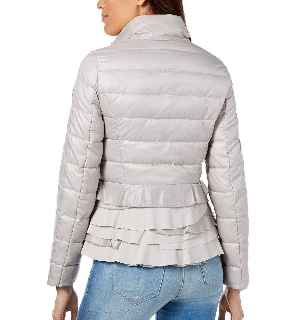 T Tahari Women's Zoey Ruffle Bottom Packable Jacket Coat, Silver (L)