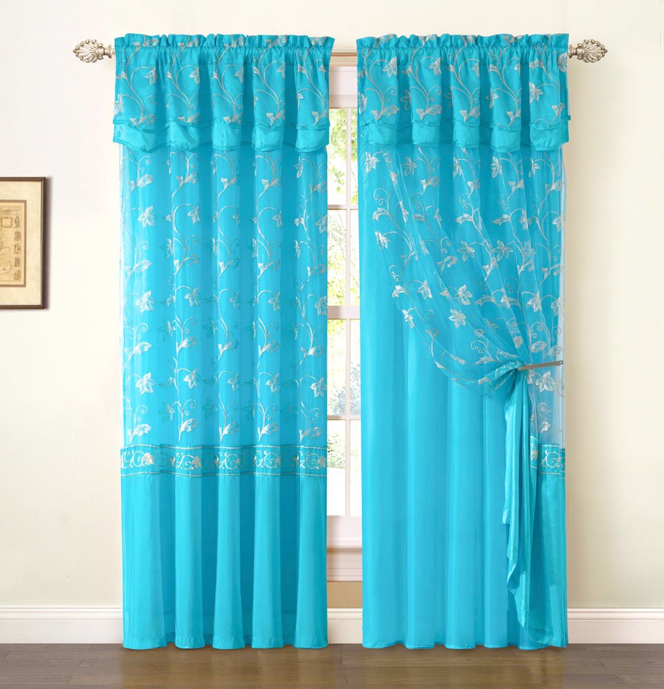 Victoria Classics Audrey Embroidered Panel with Attached Valance and Backing 55"w X 90"l + 18"l (Blue)