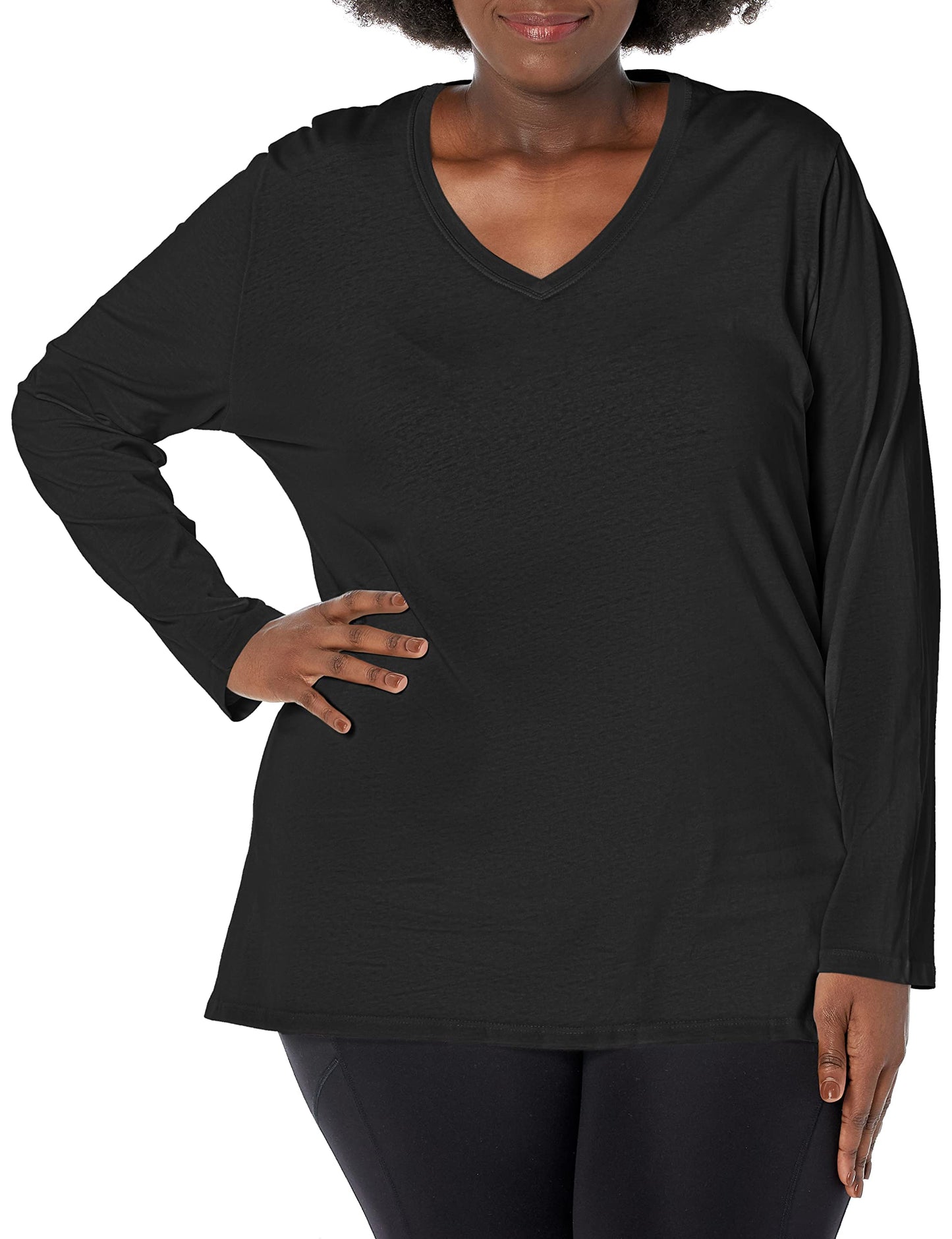 JUST MY SIZE womens Just My Size Women's Plus Size Vneck Long Sleeve Tee Shirt, White, 2X US