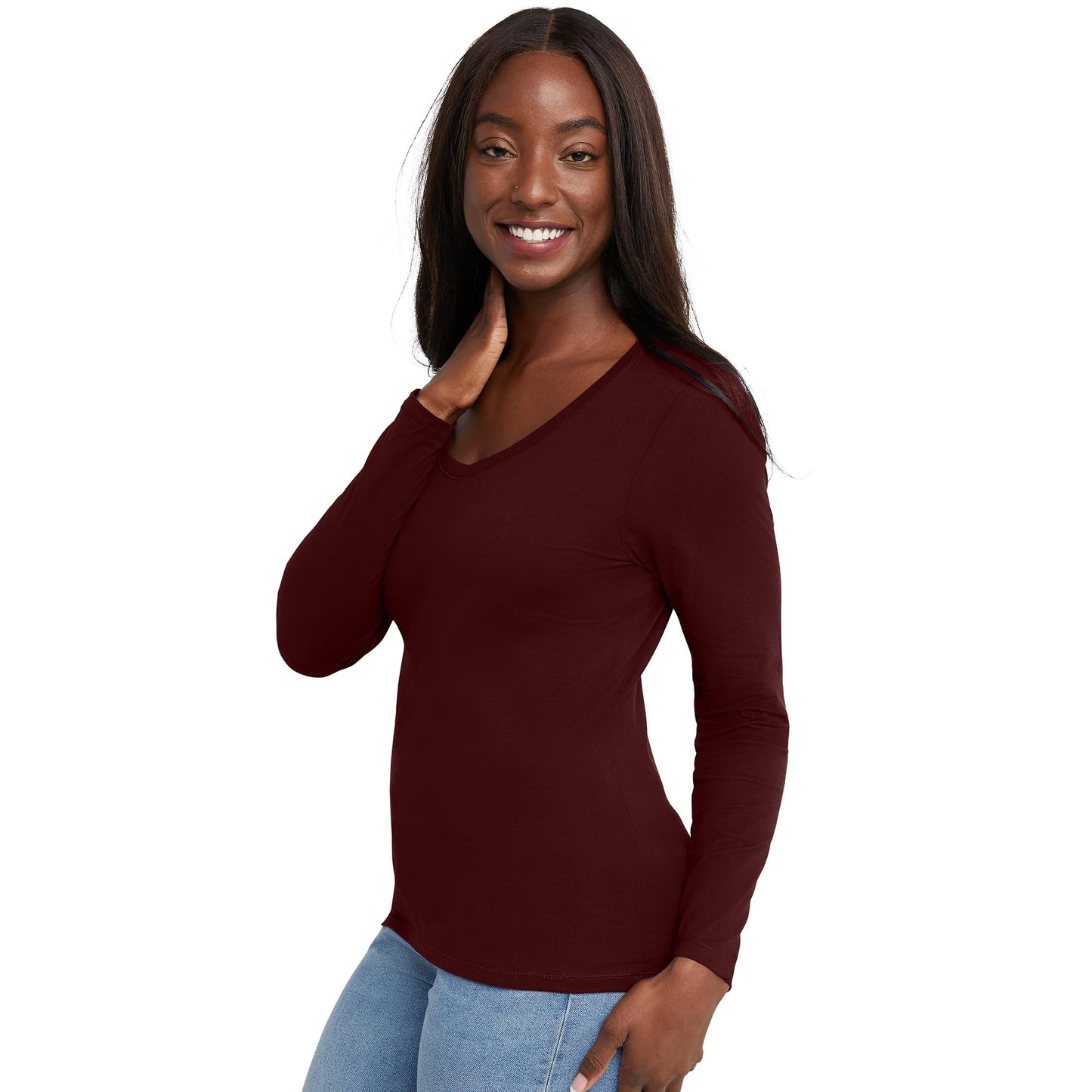 Hanes Comfortblend Women's Originals Long Sleeve Cotton T-Shirt, Lightweight V-Neck Tee, Modern Fit, Mulled Berry