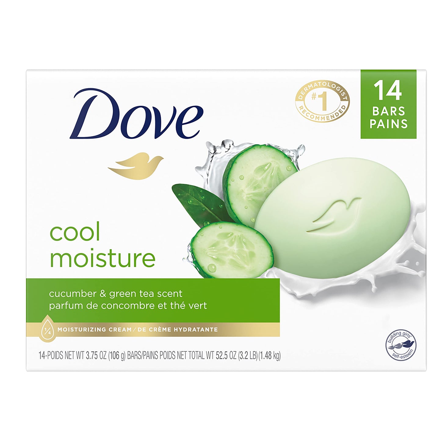Dove Beauty Bar Soap Cool Moisture Cucumber & Green Tea Scent, 8 Bars for Refreshed Skin, Leaves Skin Refreshed 8 x 3.75 oz