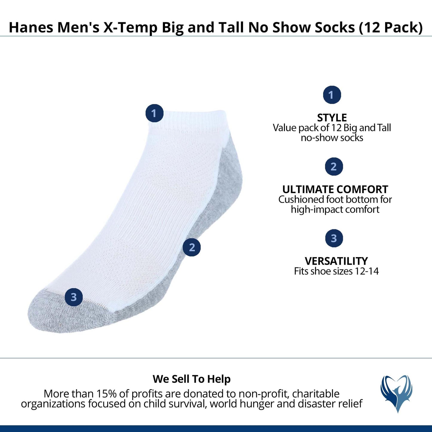 Hanes Men's, X-Temp Cushioned No Show Socks, 12-Pack, White, 12-14