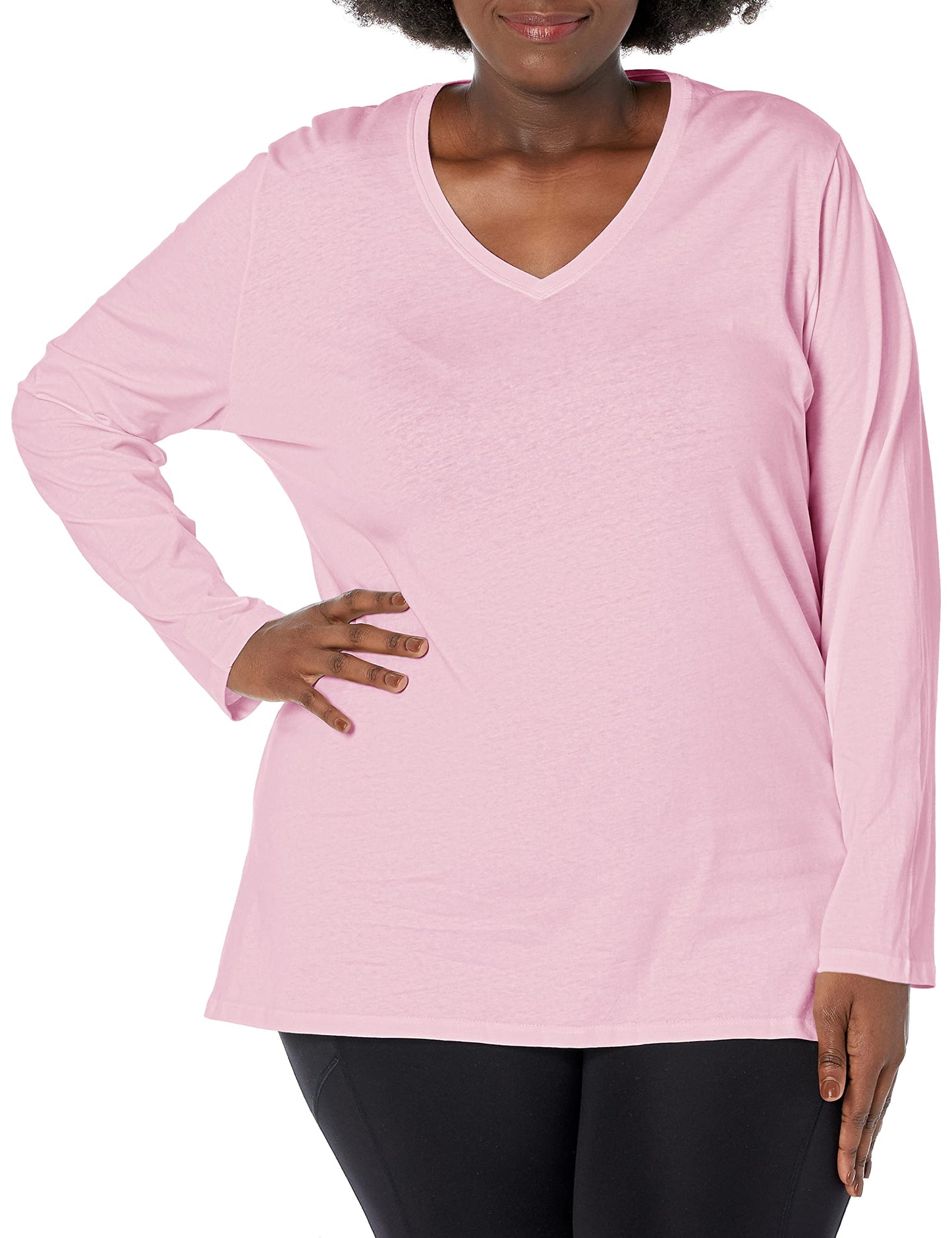 JUST MY SIZE womens Just My Size Women's Plus Size Vneck Long Sleeve Tee Shirt, White, 2X US