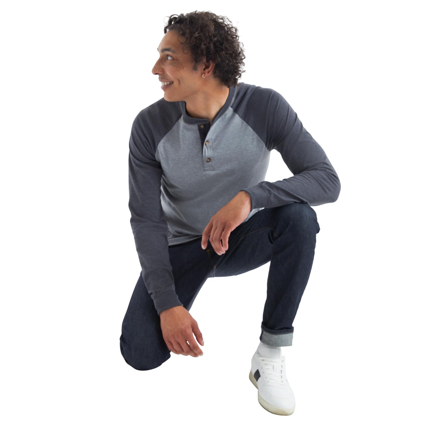 Hanes mens Beefy Long Sleeve Three-button Henley Shirt, Oxford Gray/Navy Heather, Large US