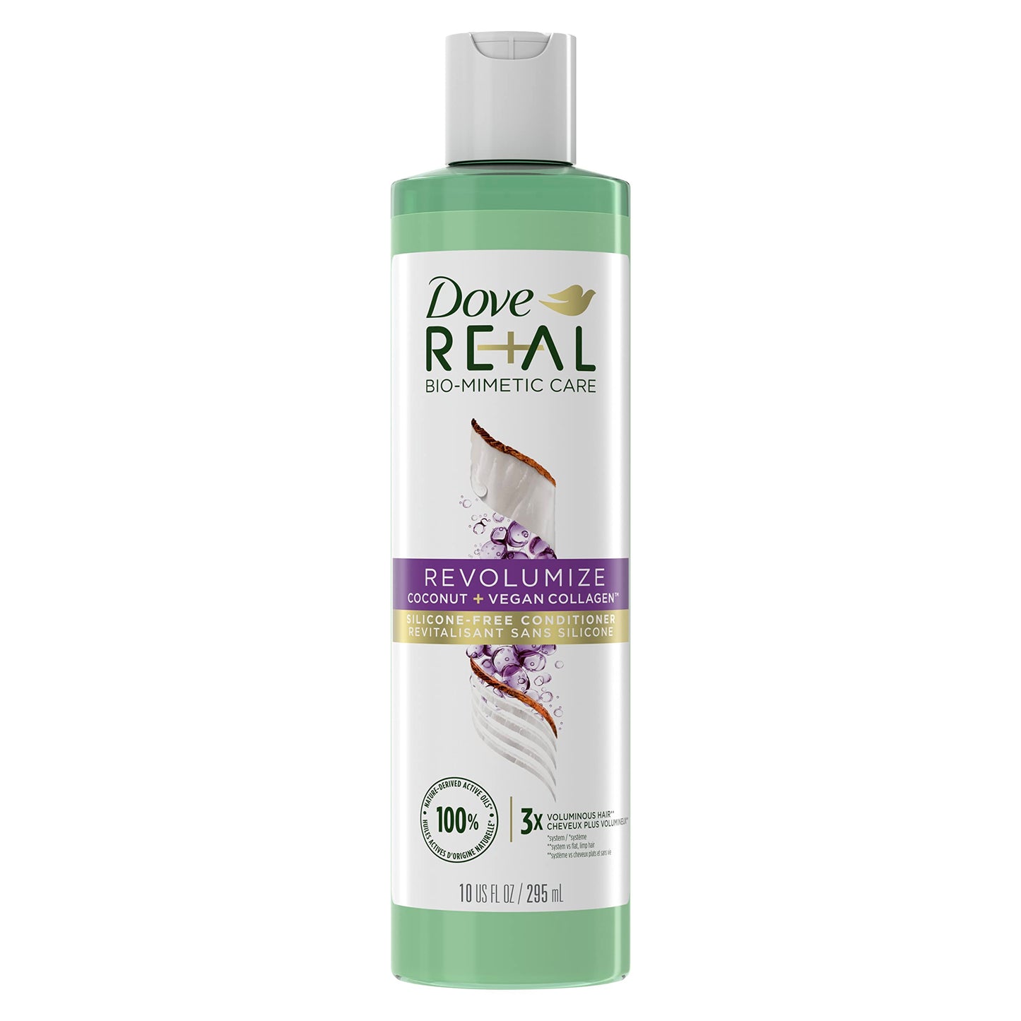 Dove RE+AL Bio-Mimetic Care Conditioner For Fine, Flat Hair Revolumize Silicone-Free Conditioner With Coconut + Vegan Collagen 10oz