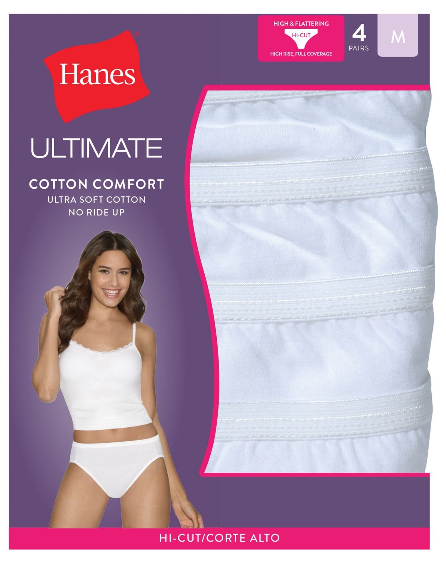Hanes Ultimate Women's 4-Pack Hi-Cut Panties, White, 7