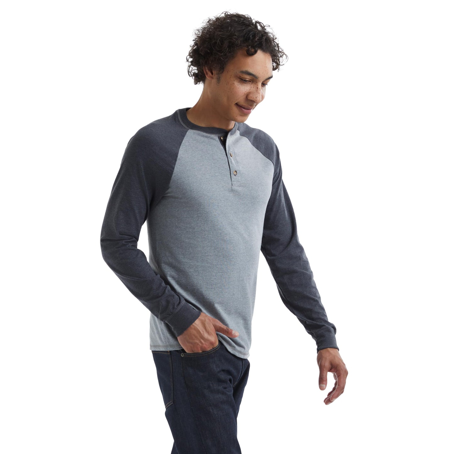 Hanes mens Beefy Long Sleeve Three-button Henley Shirt, Oxford Gray/Navy Heather, Large US
