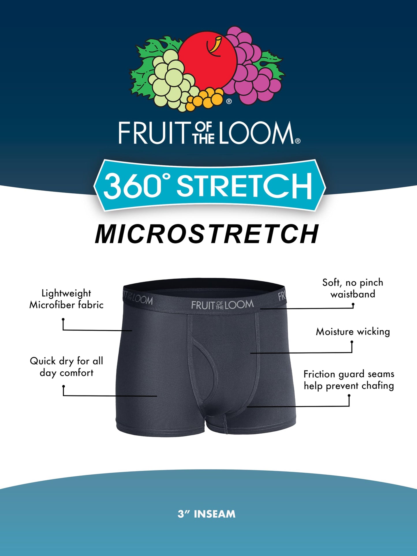 Fruit of the Loom Men's 360 Stretch Boxer Briefs (Quick Dry & Moisture Wicking), Trunk-5 Pack-Blue/Green/Black
