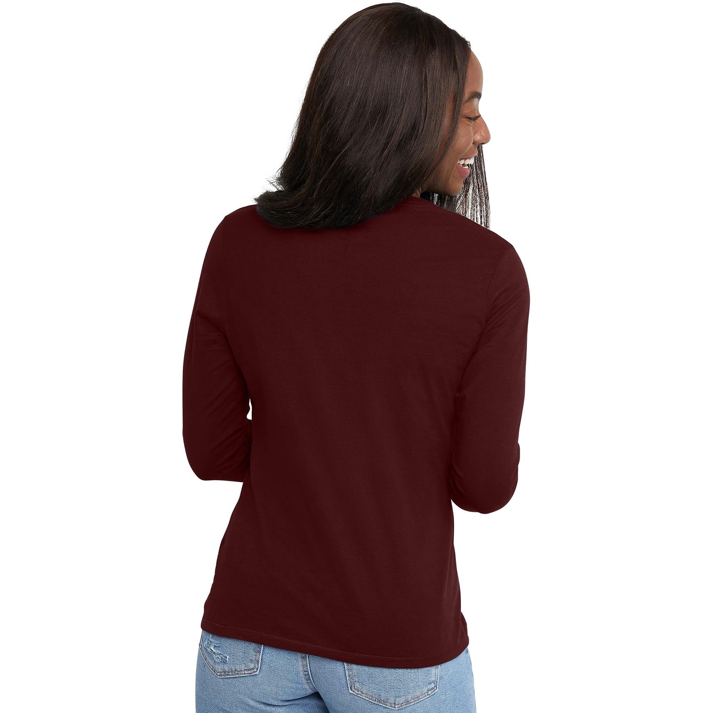 Hanes Comfortblend Women's Originals Long Sleeve Cotton T-Shirt, Lightweight V-Neck Tee, Modern Fit, Mulled Berry