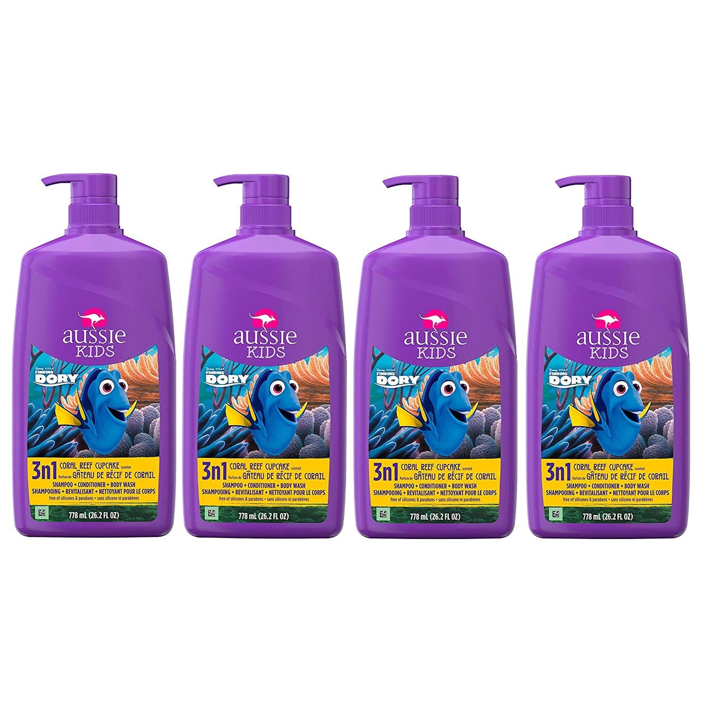 Aussie Kids 3 In 1 Shampoo + Conditioner + Body Wash, 26.2 Fl Oz (Pack of 4)