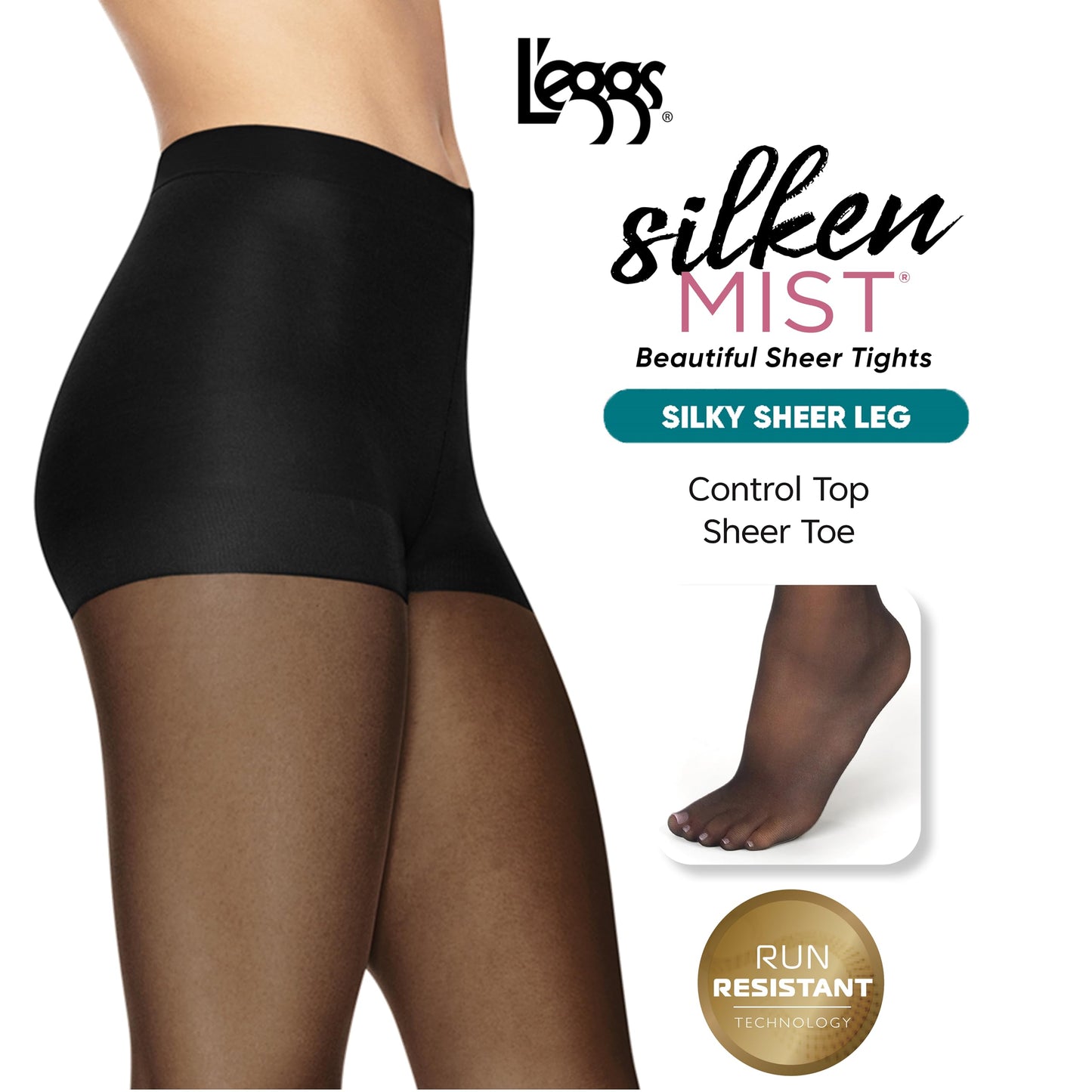 L'eggs Silken Mist Silky Sheer Women's Tights with Run Resist, Control Top, Sheer Toe, Sun Beige, Size Q (Pack of 1)