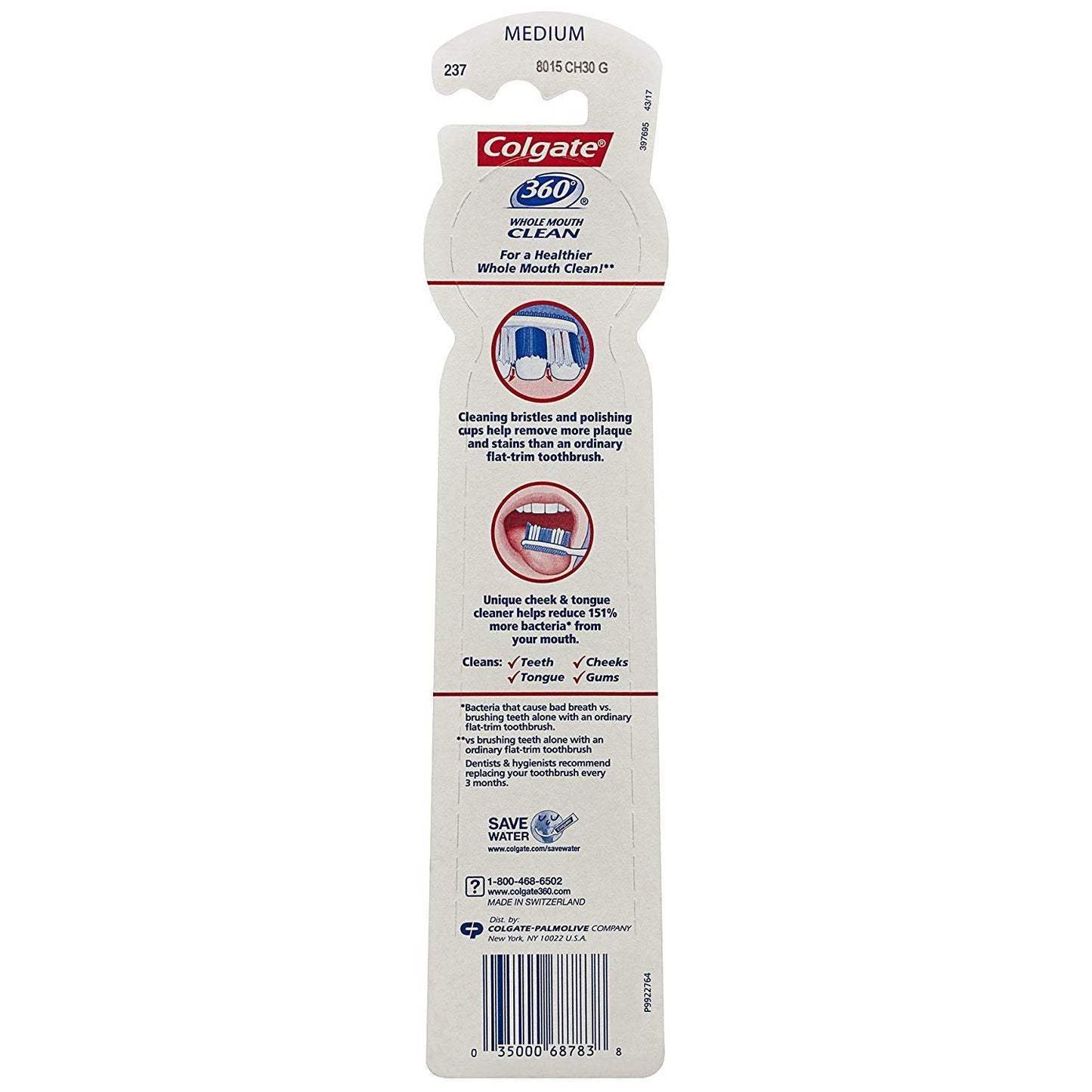 Colgate 360 Medium Toothbrush with Tongue and Cheek Cleaner, 6 Count