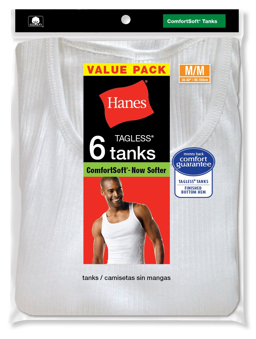Hanes Men's 6 Pack A-Shirts Classic Tagless Tanks - White - X-Large