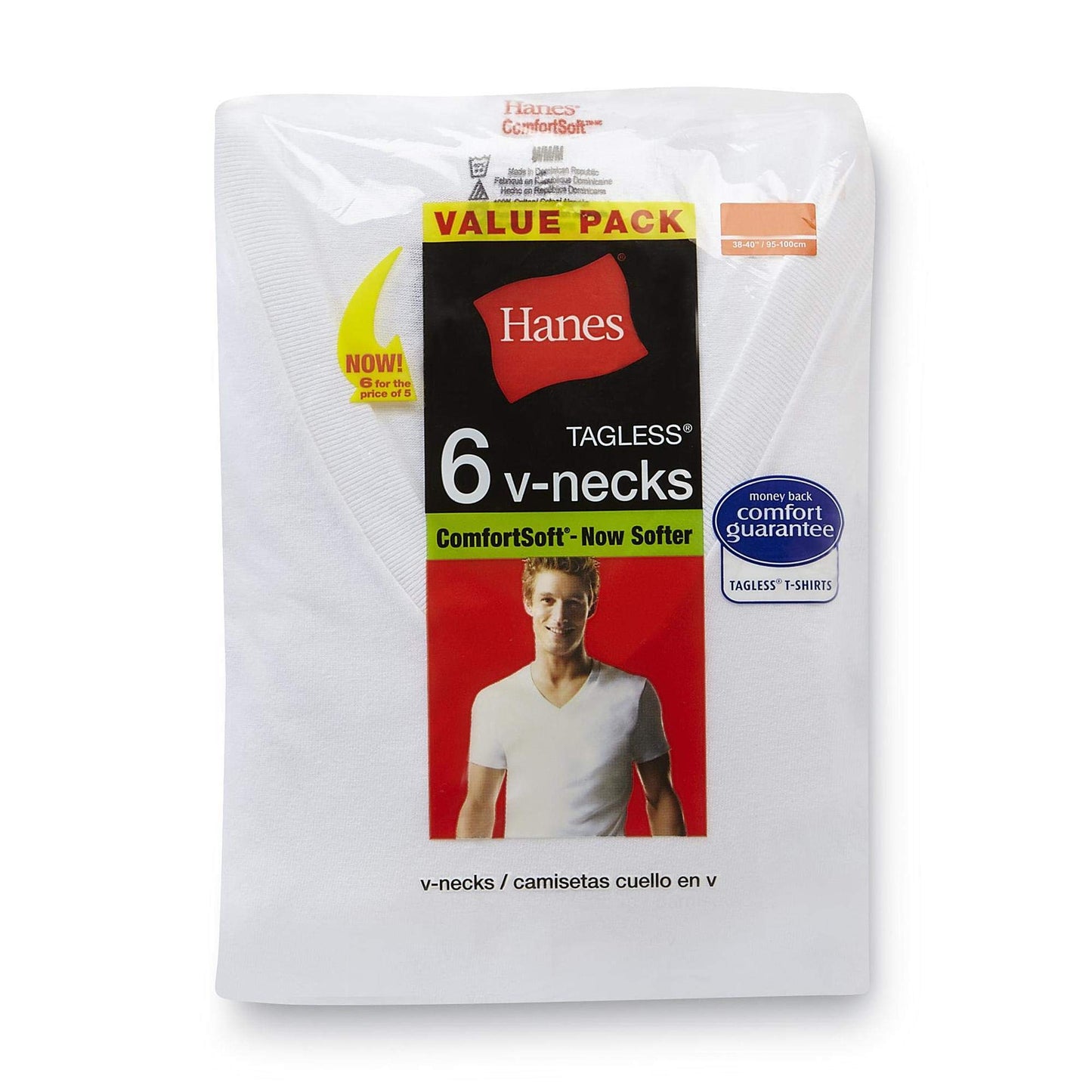 Hanes Men's TAGLESS V-Neck Undershirt 6-Pack, White, Size Large
