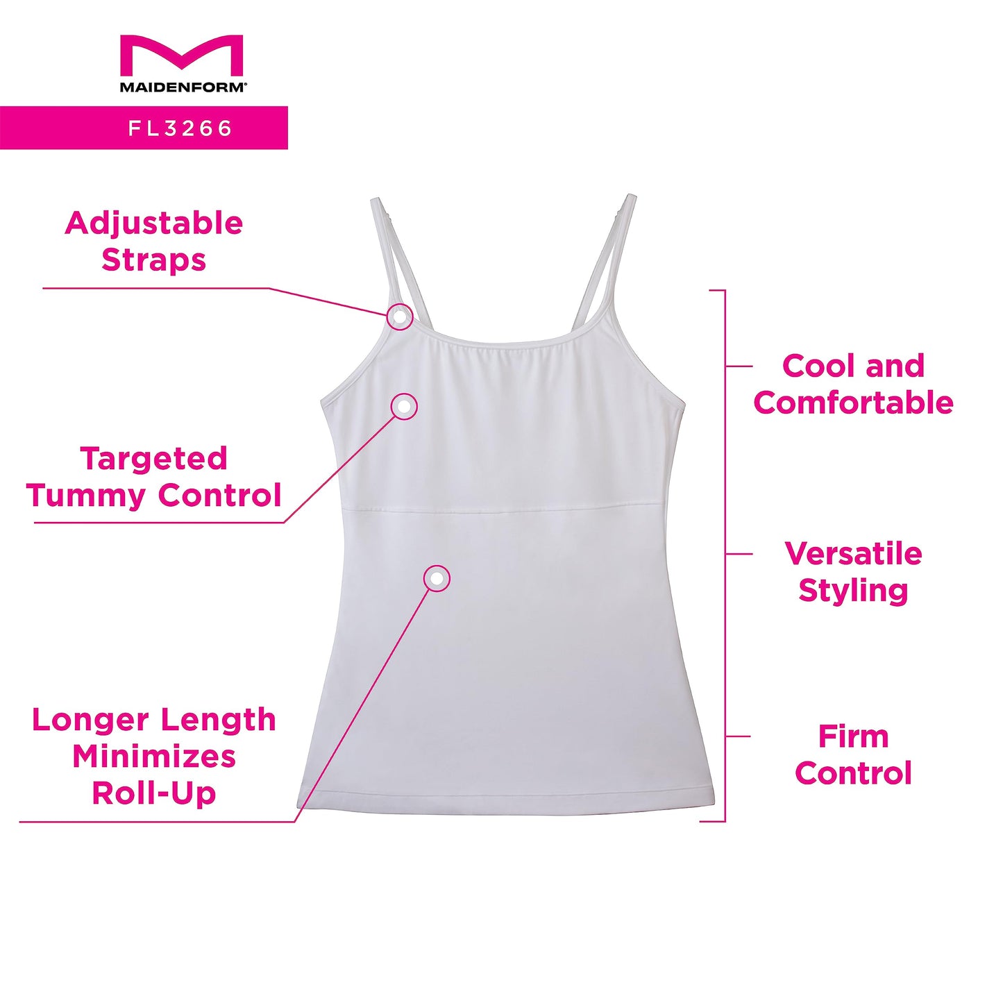 Maidenform womens Long Length Camisole Fl3266 shapewear tops, White, Medium US