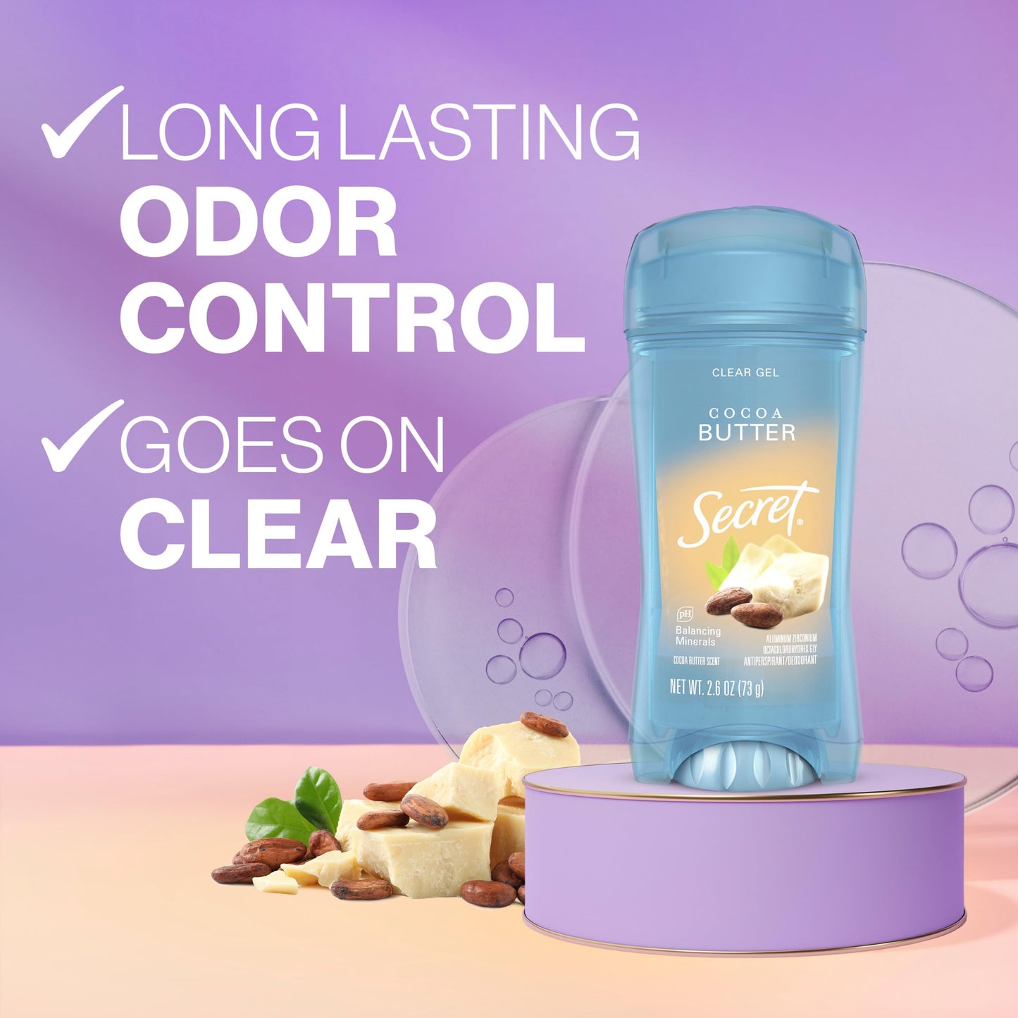 Secret Fresh Antiperspirant Deodorant for Women, 72hr Breathable Sweat & Odor Protection, Instant Freshness & Gentle, PH Balancing Minerals, Clear Gel, Cocoa Butter Scent, 2.6 oz